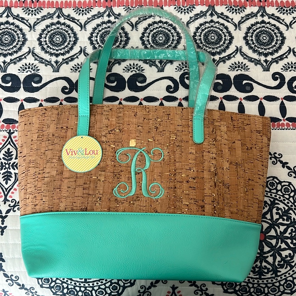 NWT Viv & Lou aqua and cork small tote bag & sunglasses case